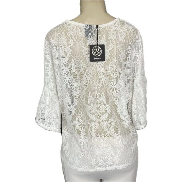 Bobeau L White Crew Neckline Sheer Lace Relaxed Fit 3/4 Bell Sleeve Blouse - Picture 4 of 6